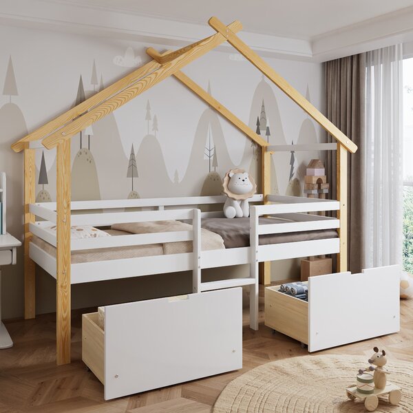 3ft Children's Bed with 2 Storage Drawers, Safety Guardrail, Wood Frame, Single Bed with Roof Design, 201.5L x 95W x 212H cm, White+Natural Aosom UK