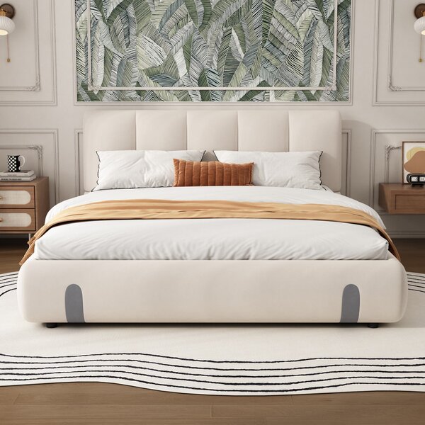 4ft6 Upholstered Double Bed with Durable Frame, Soft Headboard, Sturdy Slats, Velvet Bed for Adults, Teenagers, 213L x 152W x 89H cm, White Aosom UK