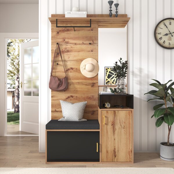 Elegant Hallway Wardrobe with Mirror, Shoe Cabinet, Coat Hooks, Bench Seat, Ideal for Entryway, 105L x 40W x 191H cm, Black & Natural Aosom UK