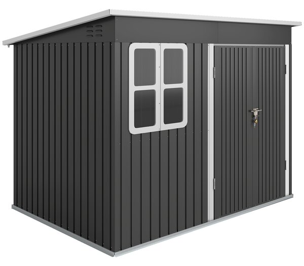 Outsunny 8.5 x 6ft Garden Storage Shed with Galvanised Frame, Window, Lockable Doors & Air Vents for Tools, Dark Grey Aosom UK