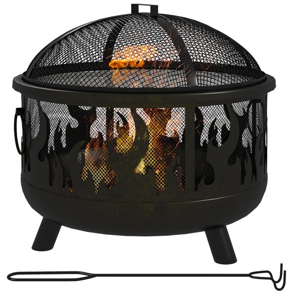 Outsunny Fire Pit Bowl: 2-In-1 Metal Round Firepit with Lid, Grill, Poker for Camping, BBQ, Bonfires, Black Aosom UK