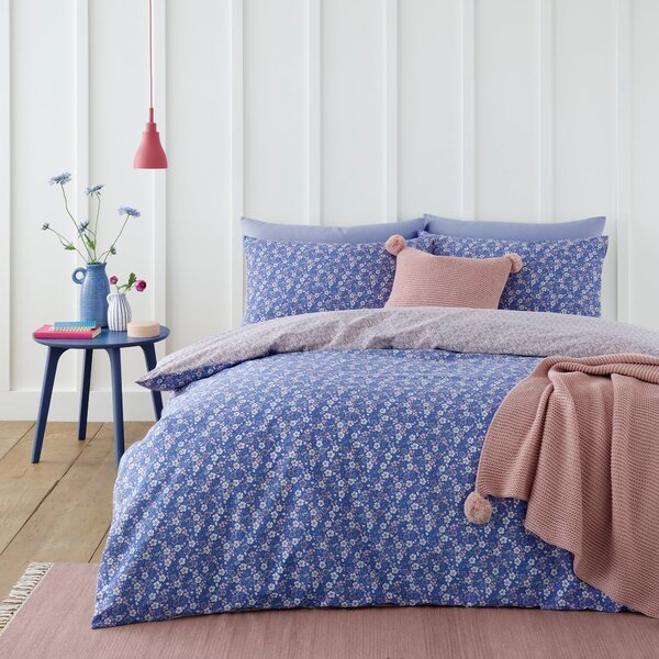 Bessie Ditsy Floral Navy 100% Cotton Reversible Duvet Cover and Pillowcase Set Navy (Blue)