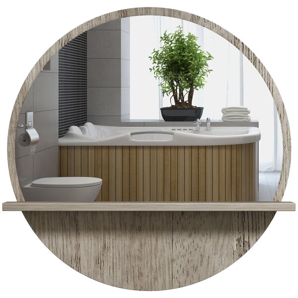 Kleankin 45cm Round Home Mirror, with Shelf - Grey Wood-Effect Aosom UK