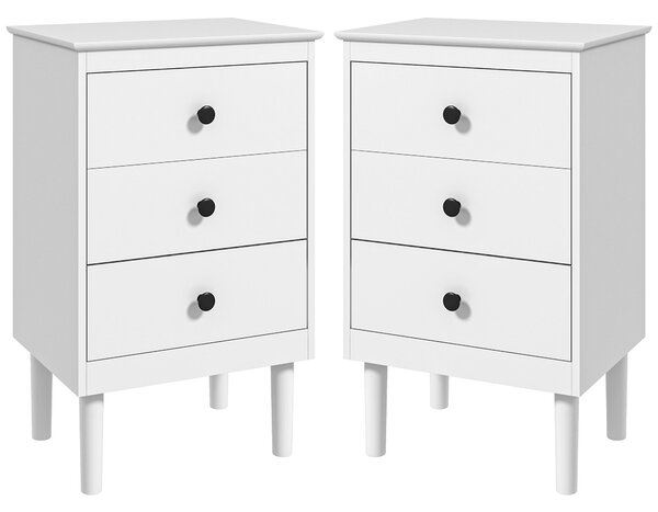 HOMCOM Bedside Table Set of 2, Modern Sofa Side Table with 3 Drawers, Nightstand for Bedroom, 40x30x64cm, White