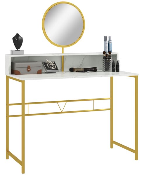 HOMCOM Vanity Dressing Table with Round Mirror, Modern Makeup Desk with Open Storage, Faux Marble & Steel Frame for Bedroom, White Aosom UK