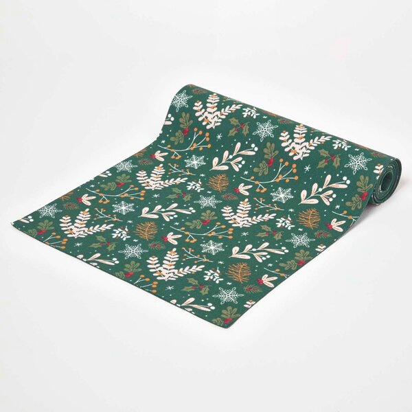 Homescapes Green Table Runner 35 x 180 cm Holly Christmas Runner