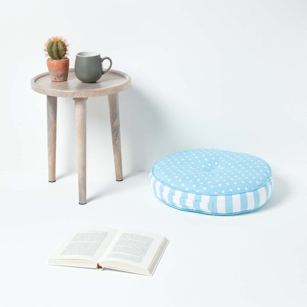 Blue & White Polka Dots and Stripes Children’s Round Floor Cushion