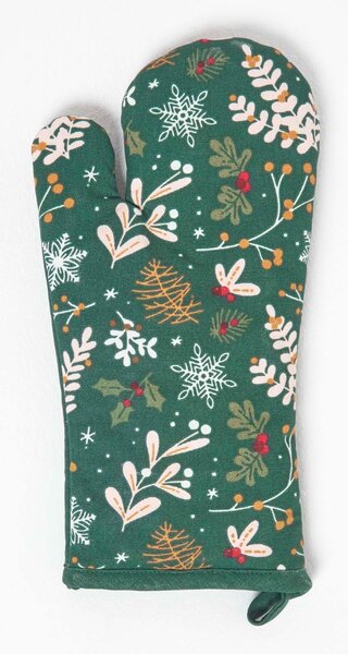 Homescapes Green Oven Glove 100% Cotton Christmas Holly Oven Mitt