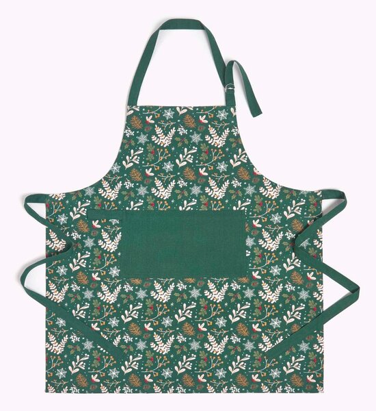 Homescapes Green Apron 100% Cotton Holly Christmas Apron