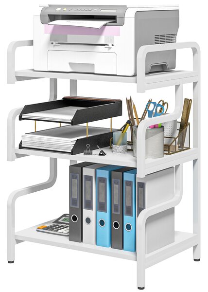 HOMCOM 3-Tier Storage Shelves, Metal Shelving Unit, Industrial Printer Table for Home Office, Display Rack for Living Room, White