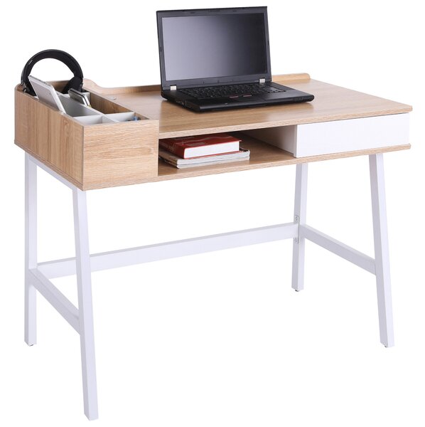 HOMCOM Writing Desk, Computer Table with Drawer, Storage Compartments, Cable Management, Metal Frame, Computer Workstation, Oak and White Aosom UK