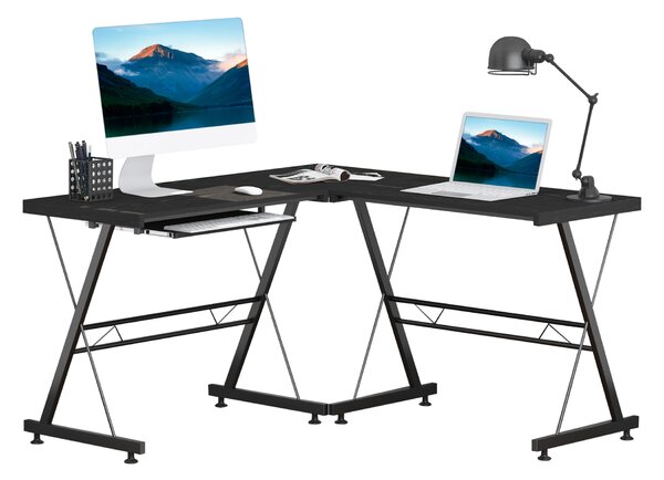 HOMCOM L Shape Office Gaming Desk, Straight Corner Table, Computer Work Station, Laminated, Sturdy, with Keyboard Tray, Black Aosom UK