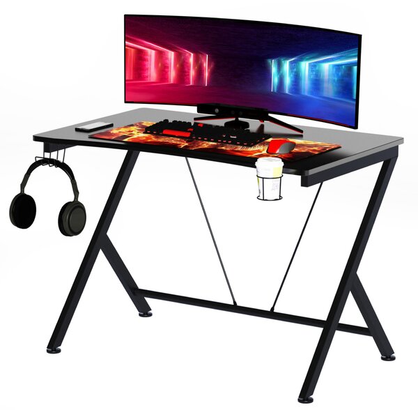 HOMCOM Gaming Desk Computer Table Metal Frame with Cup Holder, Headphone Hook, Cable Hole, Black