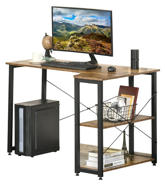 HOMCOM L-Shaped Computer Desk Home Office Corner Desk Study Workstation Table with 2 Shelves, Steel Frame, Rustic Brown