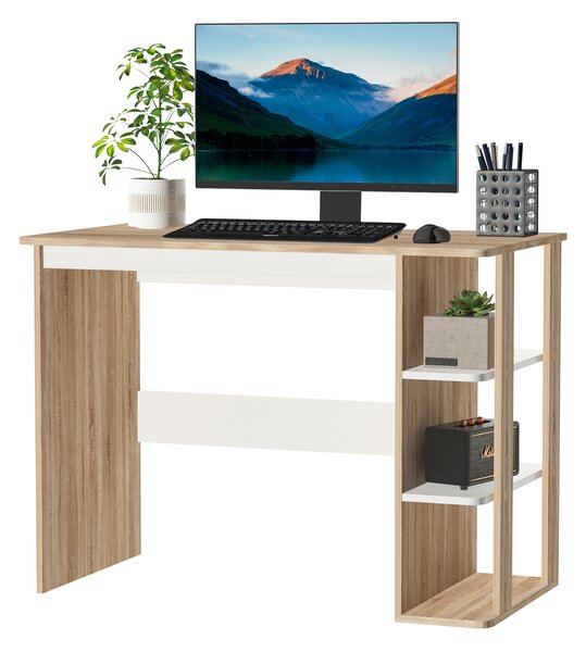 HOMCOM Office Table with 3-Tier Storage Shelf, Desk with Shelves for Home Office, Study, Living Room, Computer Desk, Oak & White Aosom UK