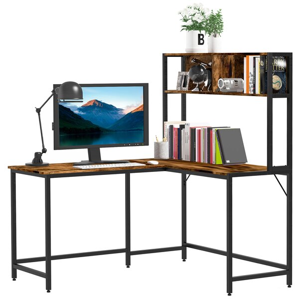 HOMCOM Industrial L-Shaped Work Desk & Storage Shelf Steel Frame Adjustable Feet Corner Workstation Home Office Study Stylish Brown Black Aosom UK