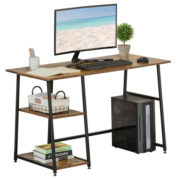 HOMCOM Home Office Desk with 2 Shelves, Steel Frame, Computer Gaming Station, Rustic Brown and Black Aosom UK