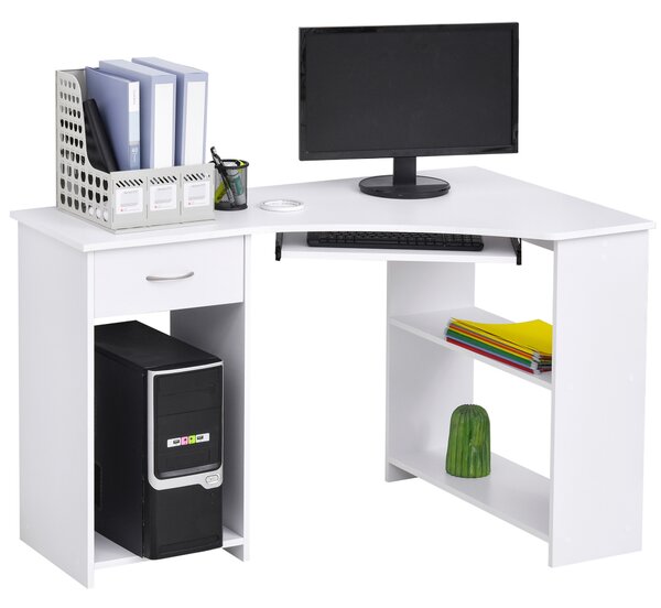 HOMCOM L-Shaped Desk w/ 2 Shelves, Corner Computer Desk, Keyboard Tray Drawer & CPU Stand Home Office Study Bedroom Furniture White Aosom UK