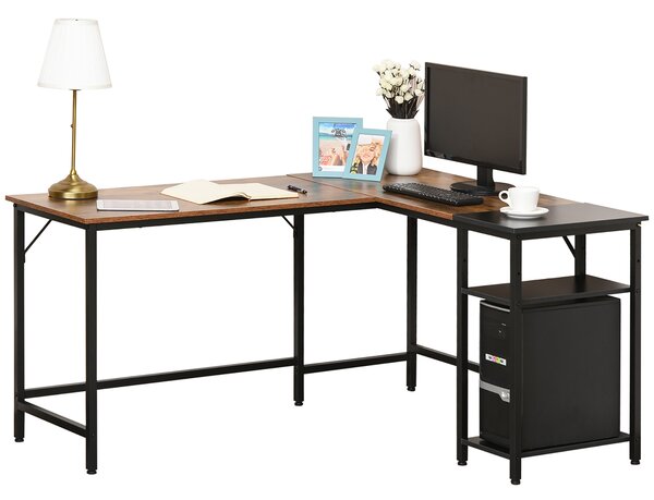 HOMCOM Industrial L-Shaped Computer Desk, Corner Writing Desk w/ Adjustable Shelf, Space-Saving Workstation, Rustic Brown, for Home Office Aosom UK