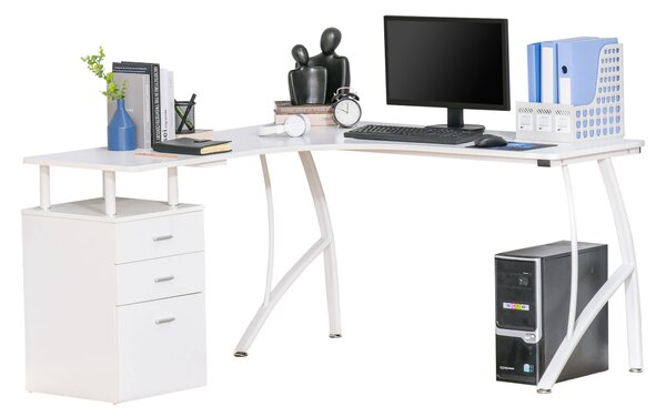 HOMCOM L-Shaped Computer Desk Table with Storage Drawer Home Office Corner Industrial Style Workstation, White Aosom UK