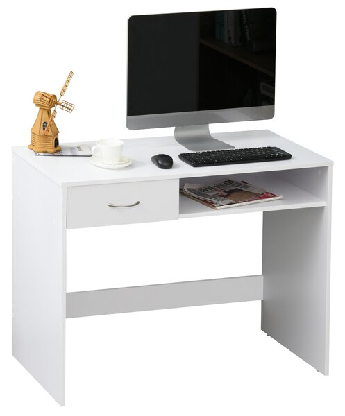 HOMCOM Computer Desk with Shelf Drawer, Study Table with Storage Compartment, Writing Station, Stylish Display Storage, White Aosom UK