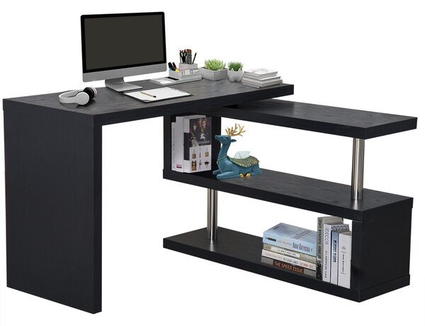 HOMCOM 360° Rotating L-Shaped Corner Computer Desk Home Office Writing Table Swivel Workstation with Storage Shelf, Black