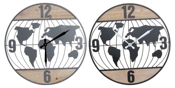 Wall Clock DKD Home Decor Black Grey Iron 60 x 4,5 x 60 cm MDF Wood World Map (2 Units)