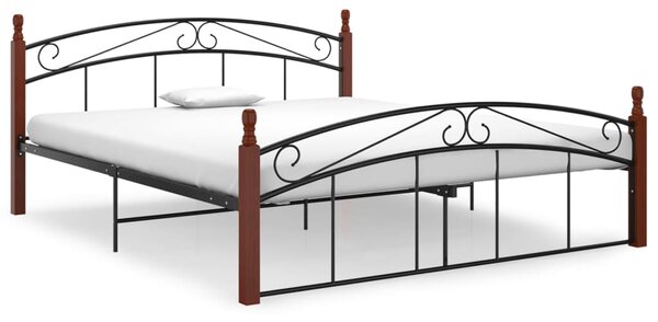 Bed Frame Black Metal and Solid Oak Wood 160x200 cm