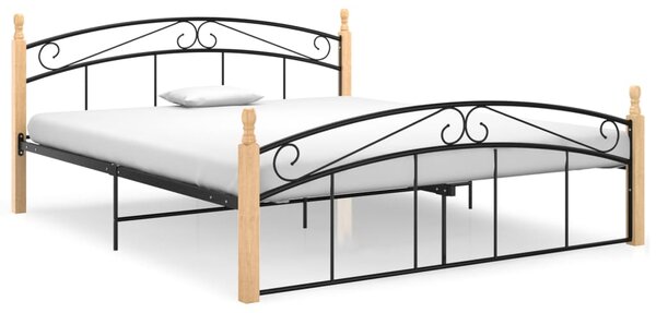 Bed Frame Black Metal and Solid Oak Wood 160x200 cm