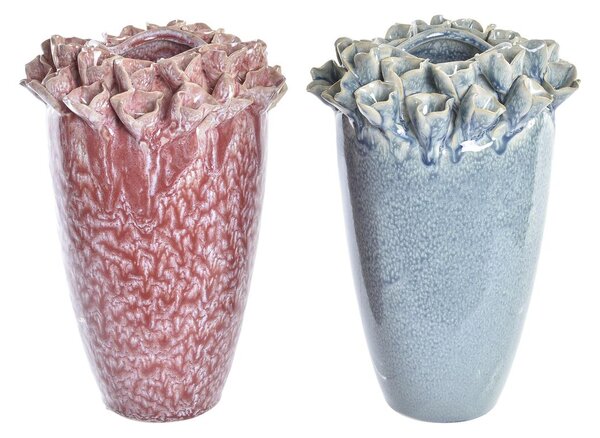 Vase DKD Home Decor Pink Turquoise Stoneware Flower Mediterranean 18 x 18 x 25 cm 16 x 16 x 26 cm (2 Units)