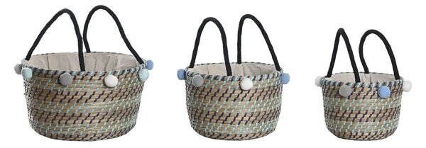 Basket set DKD Home Decor Polyester Pompoms 43 x 43 x 43 cm Seagrass