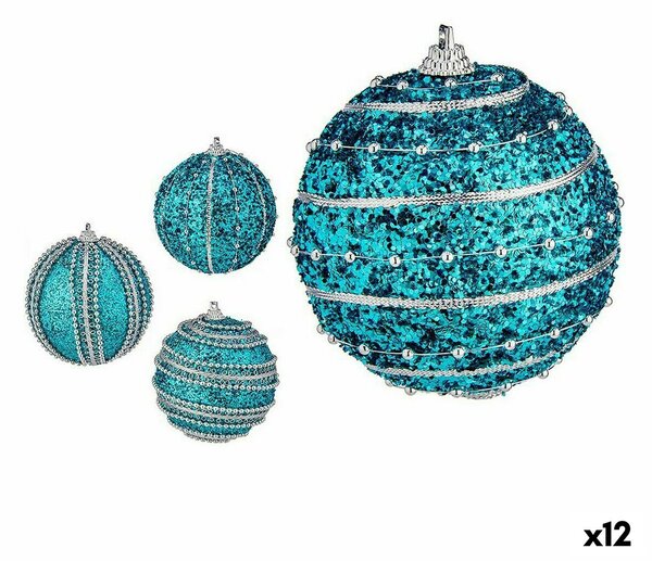 Set of Christmas balls With relief Ø 8 cm Blue PVC (12 Units)