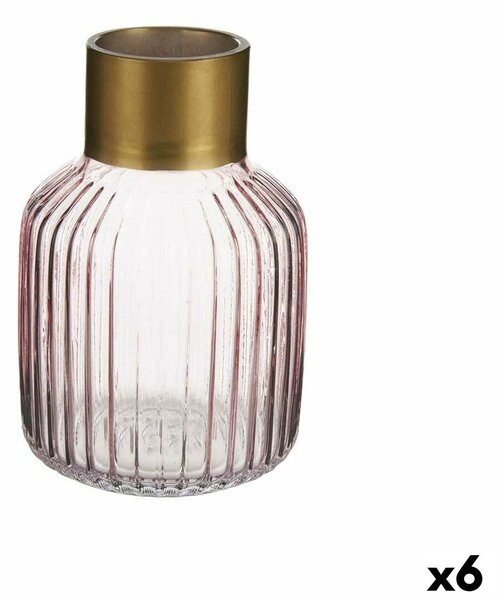 Vase Stripes Pink Golden Glass 12 x 18 x 12 cm (6 Units)