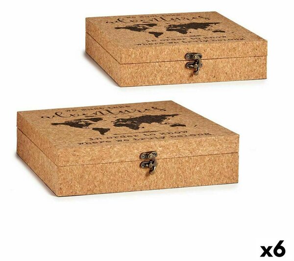 Set of decorative boxes World Map Brown Cork MDF Wood (6 Units)