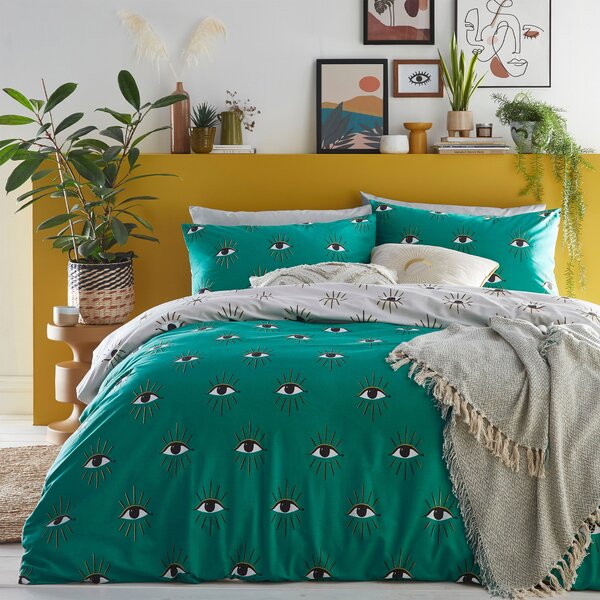 Furn. Theia Jade Duvet Cover and Pillowcase Set Green/Black/White