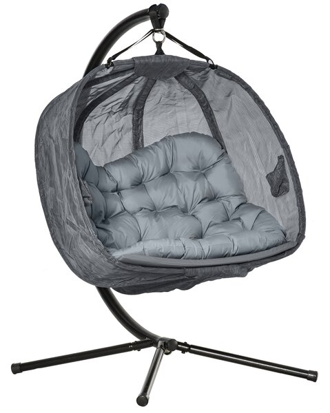 Outsunny Double Hanging Egg Chair 2 Seaters Swing Hammock Chair with Stand, Cushion and Folding Design, for Indoor and Outdoor, Grey
