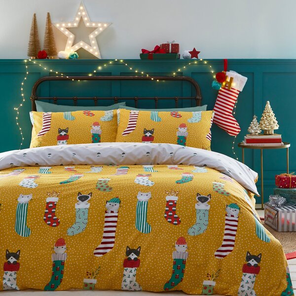 Furn. Meowy Christmas Duvet Cover and Pillowcase Set Ochre