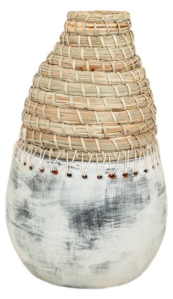 Vase Alexandra House Living White Beige Ceramic Rattan 25 x 40 x 25 cm