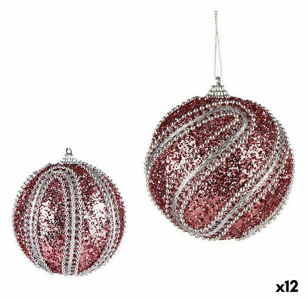 Set of Christmas balls With relief Ø 10 cm Pink Silver PVC (12 Units)