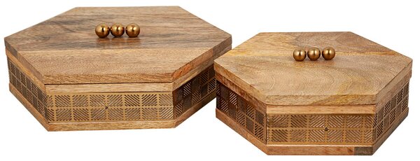 Set of decorative boxes Romimex Brown Golden Wood Metal 26 x 29 x 9 cm 20 x 23 x 9 cm 2 Pieces