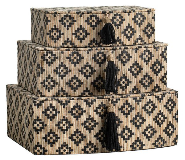 Set of decorative boxes Romimex Black Beige Natural Fibre (3 Pieces)