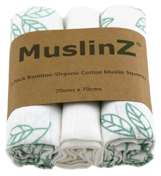 MuslinZ 3 Pack Bamboo/Organic Cotton Muslin Squares 70x70cm - Aqua Leaf