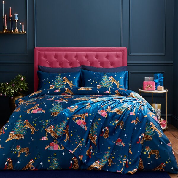 Catherine Lansfield Christmas Tiger Silky Satin Duvet Cover Bedding Set Navy