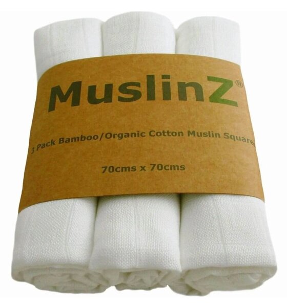 MuslinZ 3 Pack Bamboo/Organic Cotton Muslin Squares 70x70cm - White