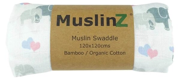 MuslinZ Bamboo/Organic Cotton Muslin Swaddle 120x120cm - Elephant