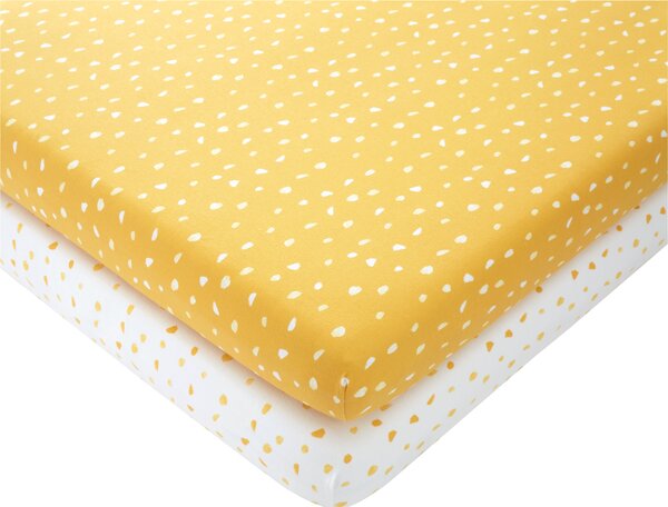 Set of 2 Spotted 100% Cotton Jersey Fitted Sheets Mustard