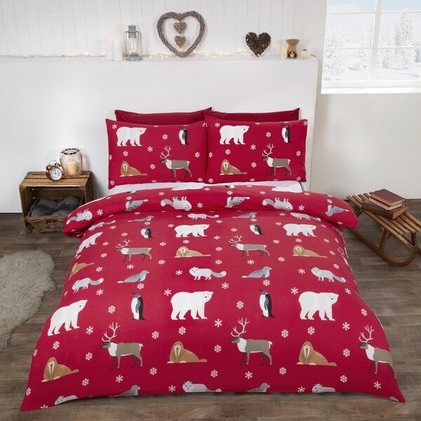 Winter Animals Brushed Cotton Duvet Cover Bedding Set Red