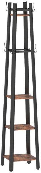 HOMCOM Industrial Coat Stand with 8 Hooks and 4 Shelves - Rustic Brown