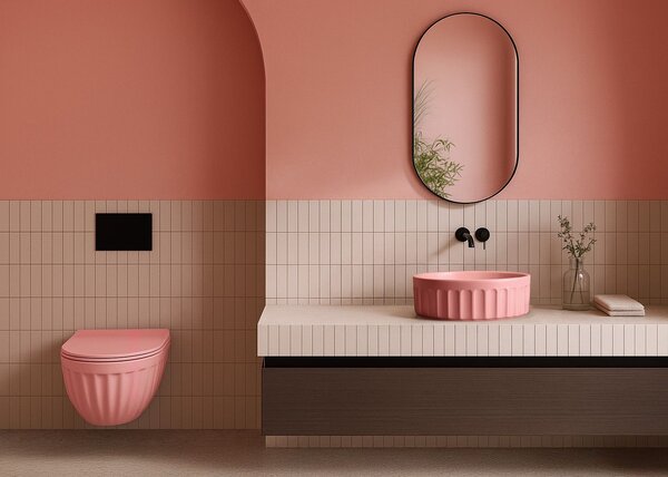 Set: Wall-hung toilet bowl + Countertop washbasin Rea Light Pink Matt