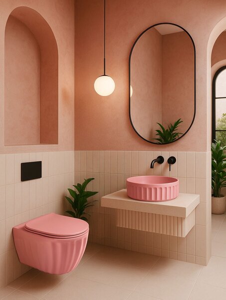Set: Wall-hung toilet bowl + Countertop washbasin Rea Light Pink Matt